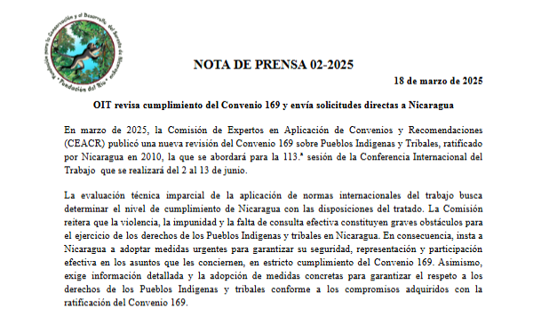 OIT revisa cumplimiento del Convenio 169 y envía solicitudes directas a Nicaragua
