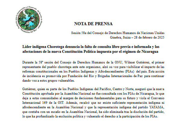 Líder indígena Chorotega denuncia la falta de consulta libre previa e informada y lasafectaciones de la nueva Constitución Política impuesta por el régimen de Nicaragua